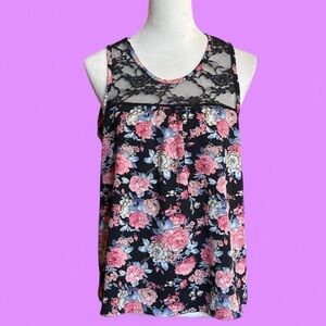 Floral Lace Tank Top with Pink and Black Design